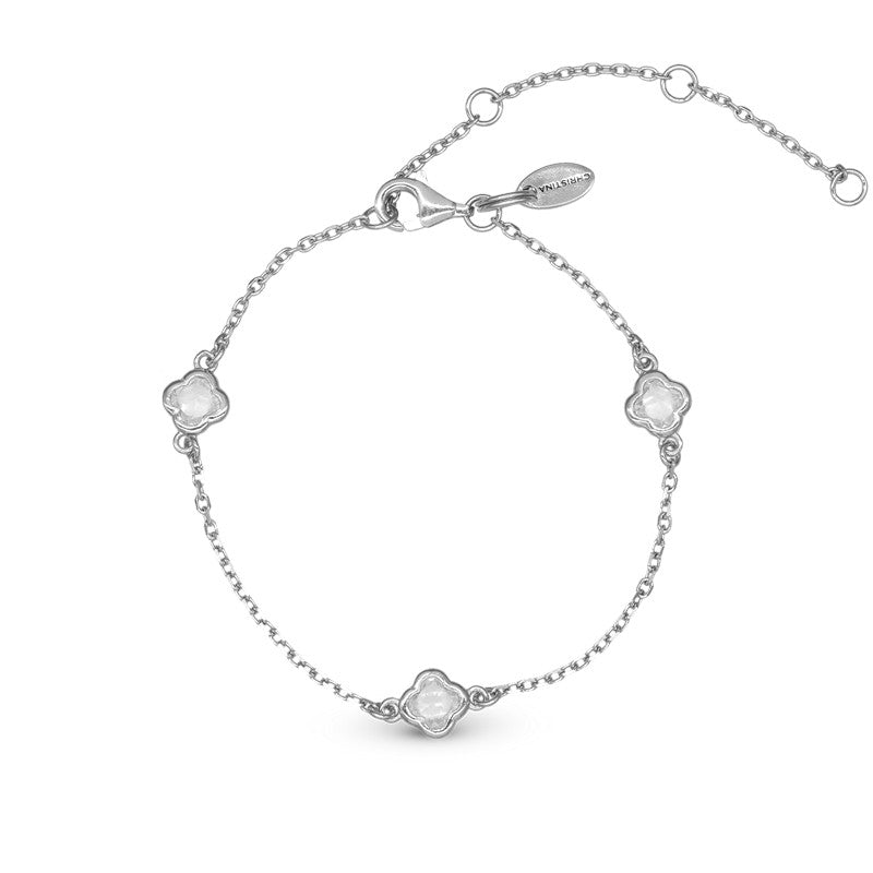 Glowing Clover armbånd i sølv med zirkonia fra Christina Jewelry & Watches med justerbar kæde og kløverdesign.